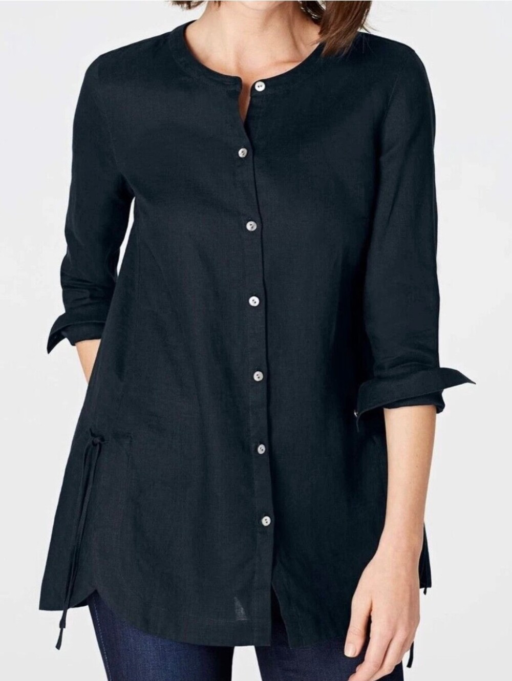 J. Jill Navy Blue Linen Side Tie Tunic Blouse Shirt Size 2X Lagenlook Minimalist - Picture 3 of 16